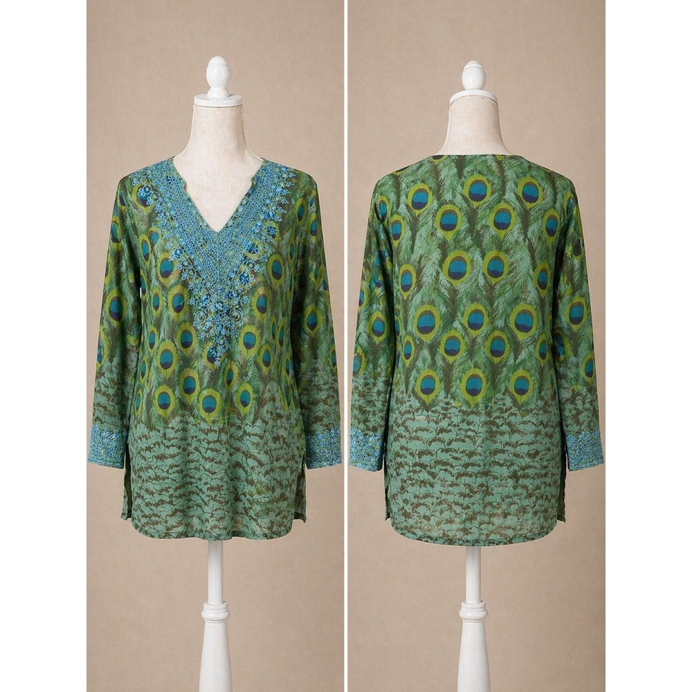 Sol Peacock Tunic Top L Embroidered Boho Cotton Resort Blouse